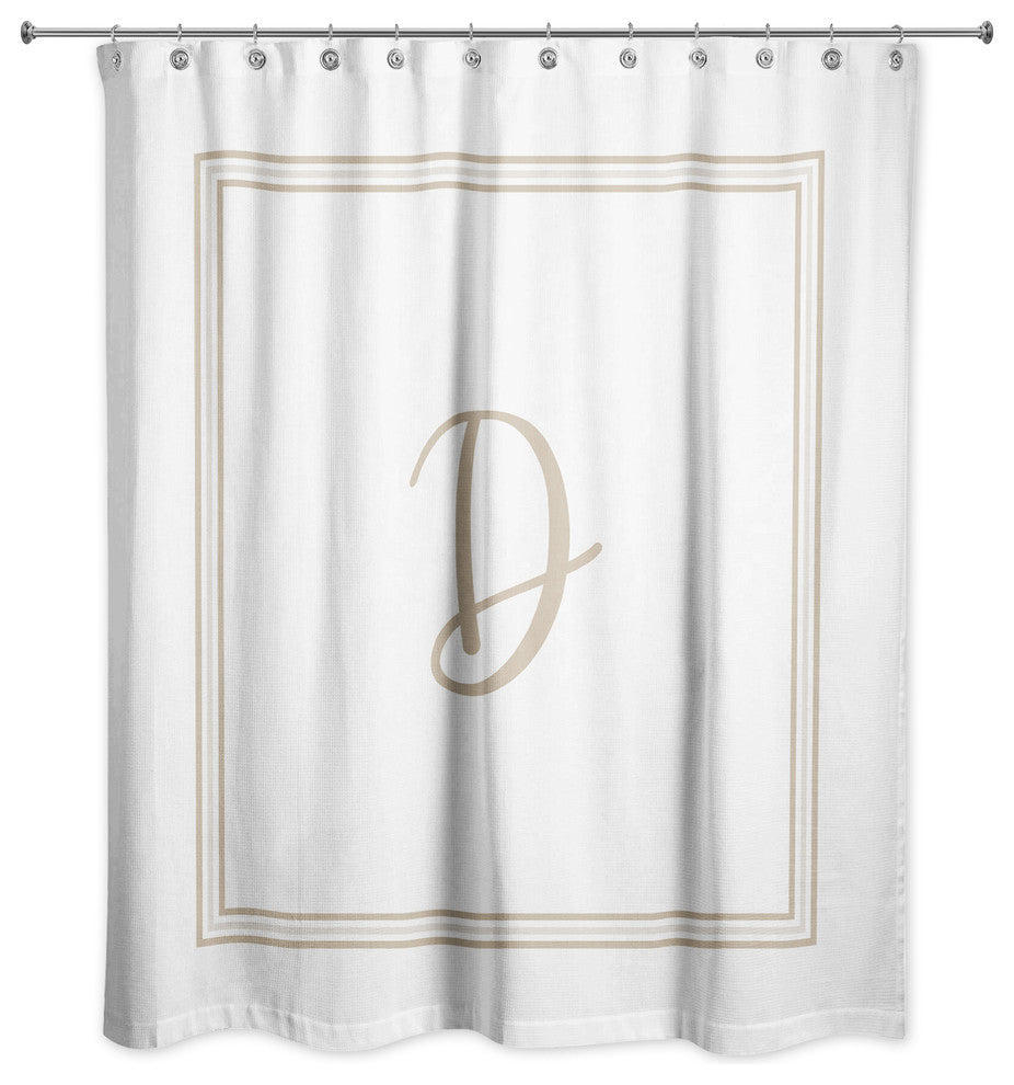 Beige and White Monogrammed Shower Curtain, D