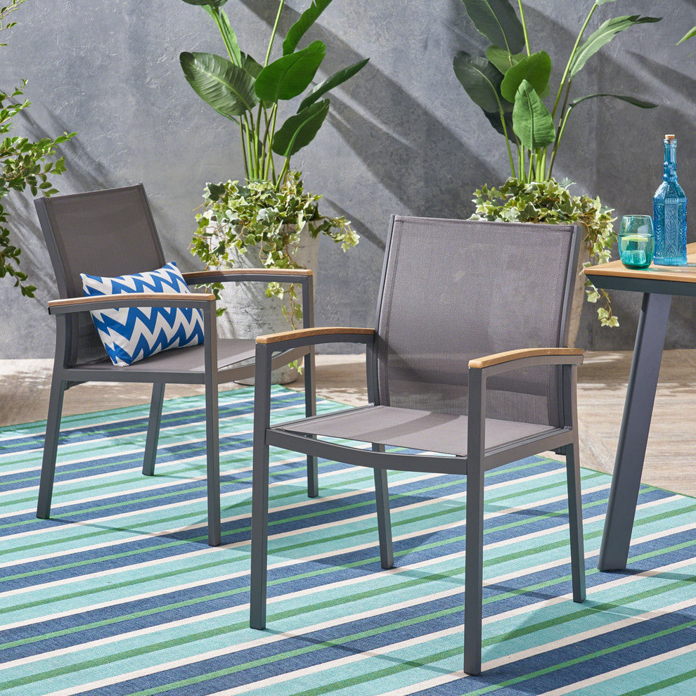Emma Outdoor Aluminum Dining Chairs with Faux Wood Accents, Nartural, Gray, Set of 2