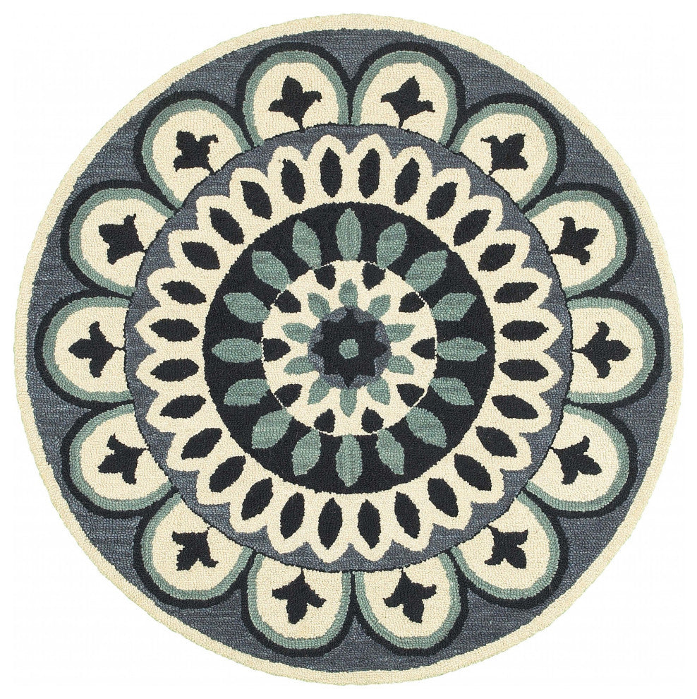 6" Round Blue Floral Bloom Area Rug