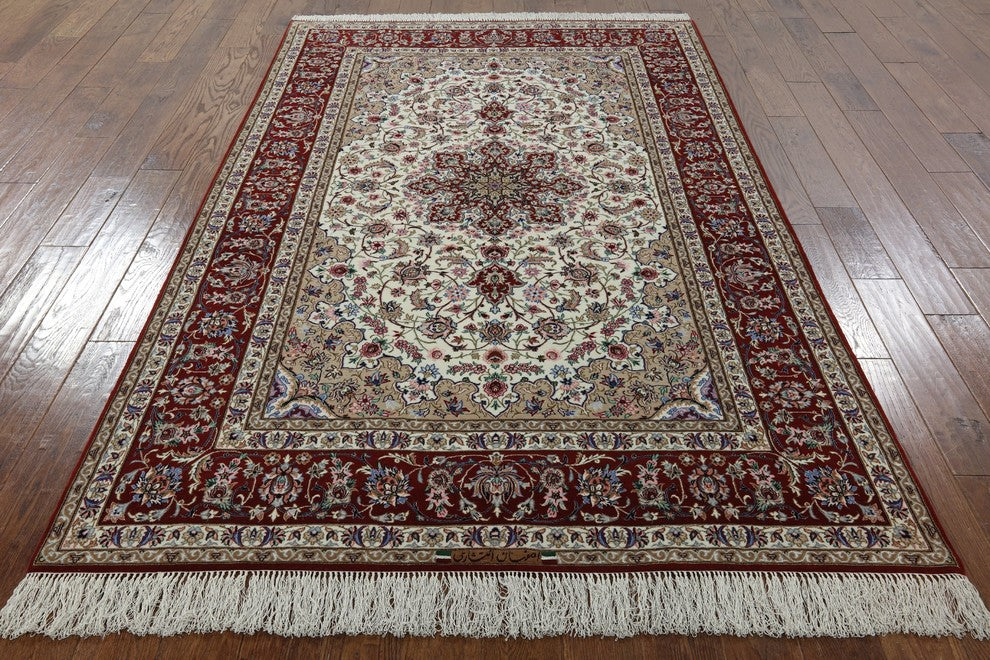 Signed Authentic Persian Isfahan Hand Knotted Wool and Silk Rug, 5'x8'