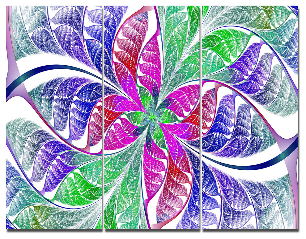 Flower like Fractal Stained Glass, Abstract Wall Art Canvas, 36x28, 3 Panels
