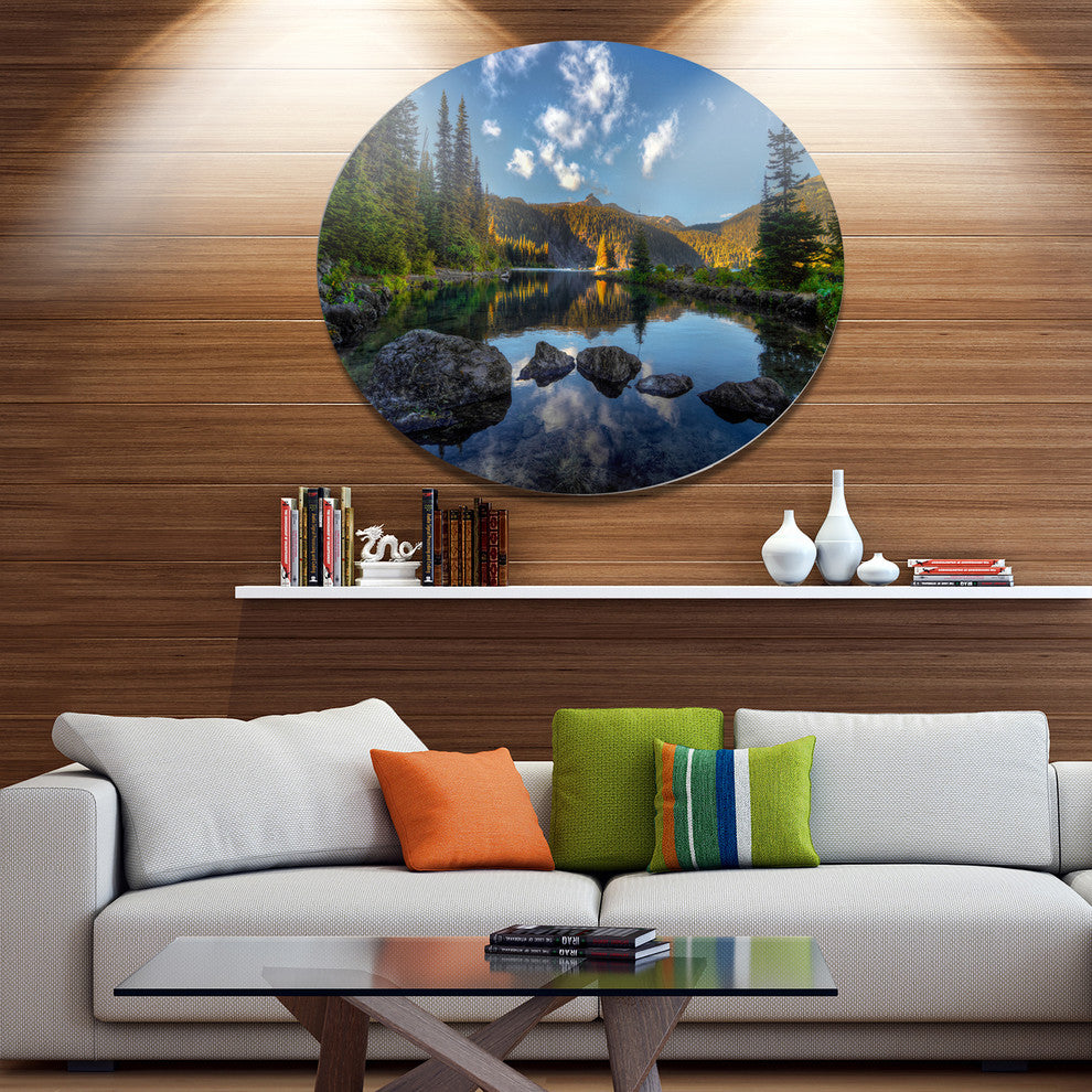 Mountain Lake Surrounded By Trees, Landscape Disc Metal Wall Art, 11"