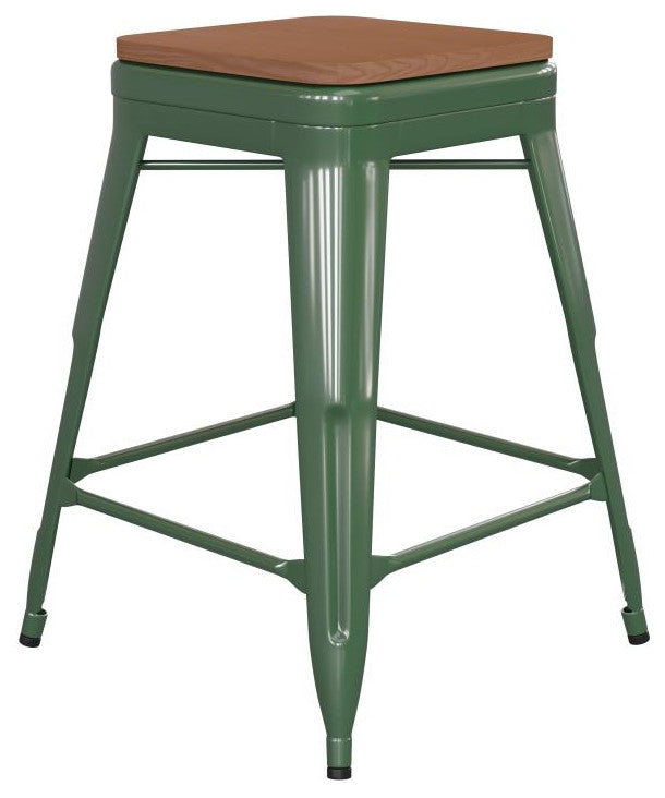Kai Commercial Grade 24" High Metal Indoor-Outdoor Counter Height Stool, Green/Teak
