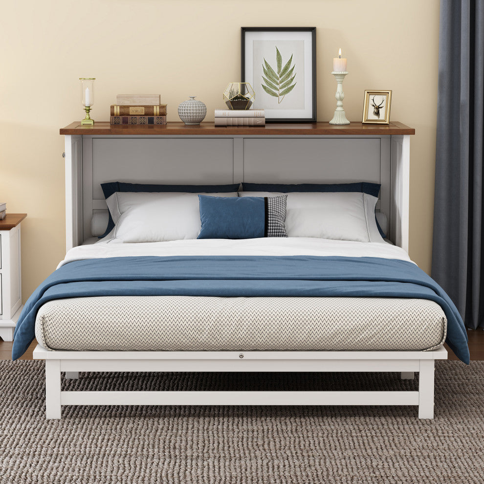 Full/Queen Solid Pine Frame Murphy Bed, Charging Station, Full