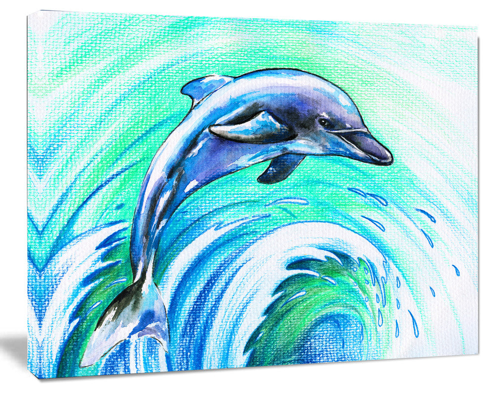 Jumping Dolphin Watercolor, Animal Canvas Art Print, 20"x12"