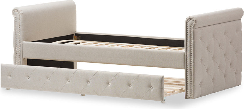 Swamson Beige Fabric Tufted Twin Size Daybed With Roll-out Trundle Guest Bed