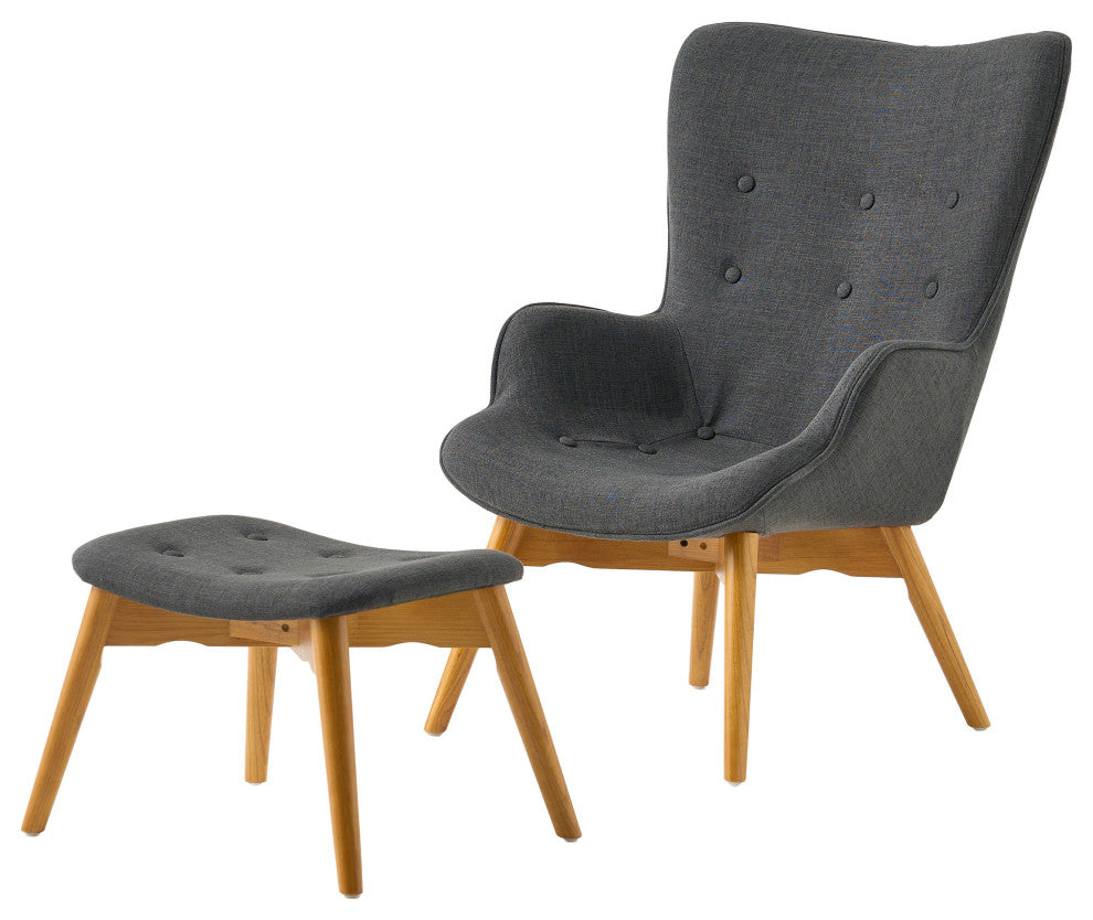 Hariata Mid-Century Modern Wingback Chair and Ottoman Set, Muted Dark Gray