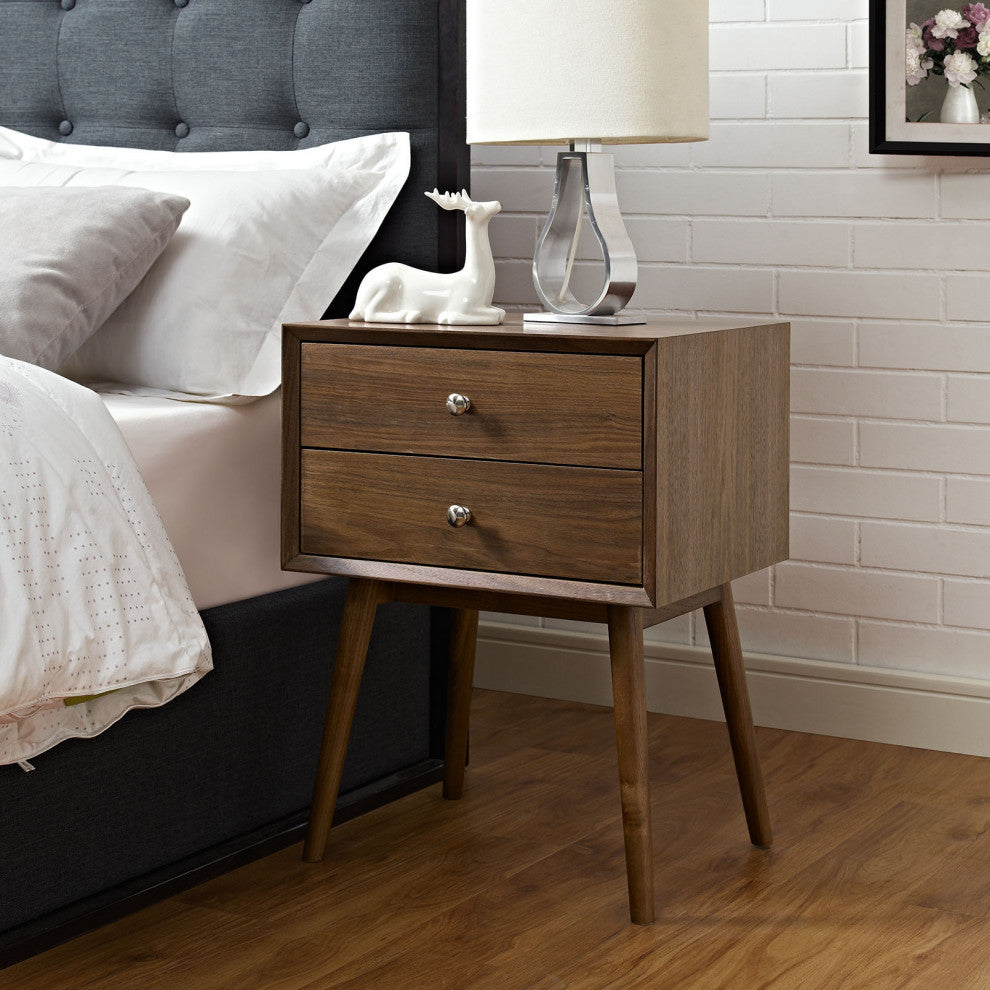Nightstand Side End Table, Wood, Brown Walnut, Modern Mid-Century Living Room