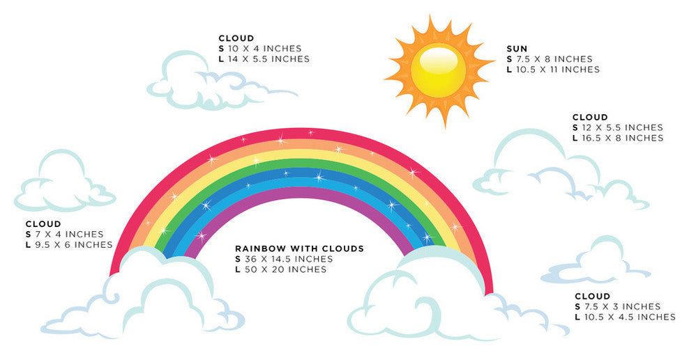 Sparkling Rainbow Fabric Wall Decals With Sun and Clouds, Size Large