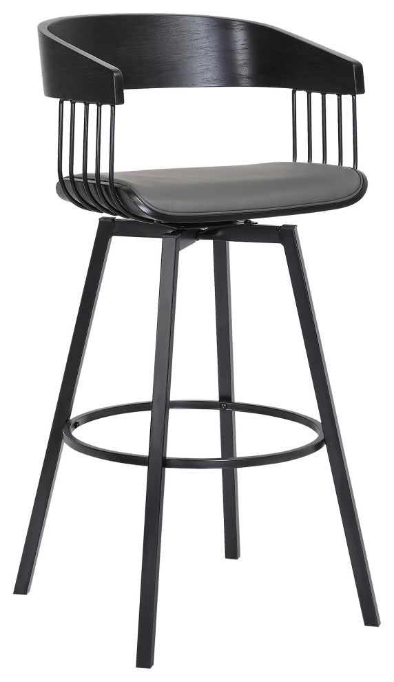 Athena 27" Swivel Black Wood Counter Stool in Gray Faux Leather with Black Metal, 31