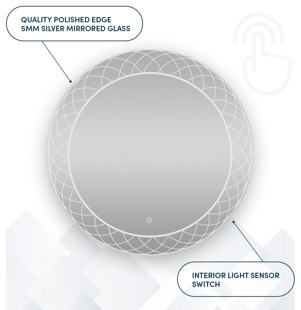 24" Frost, LED Lighted Round Mirror With Dimmer, Defogger, Touch Control.
