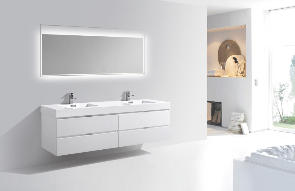 Bliss 80" Double Sink High Gloss White Wall Mount Modern Bath Vanity