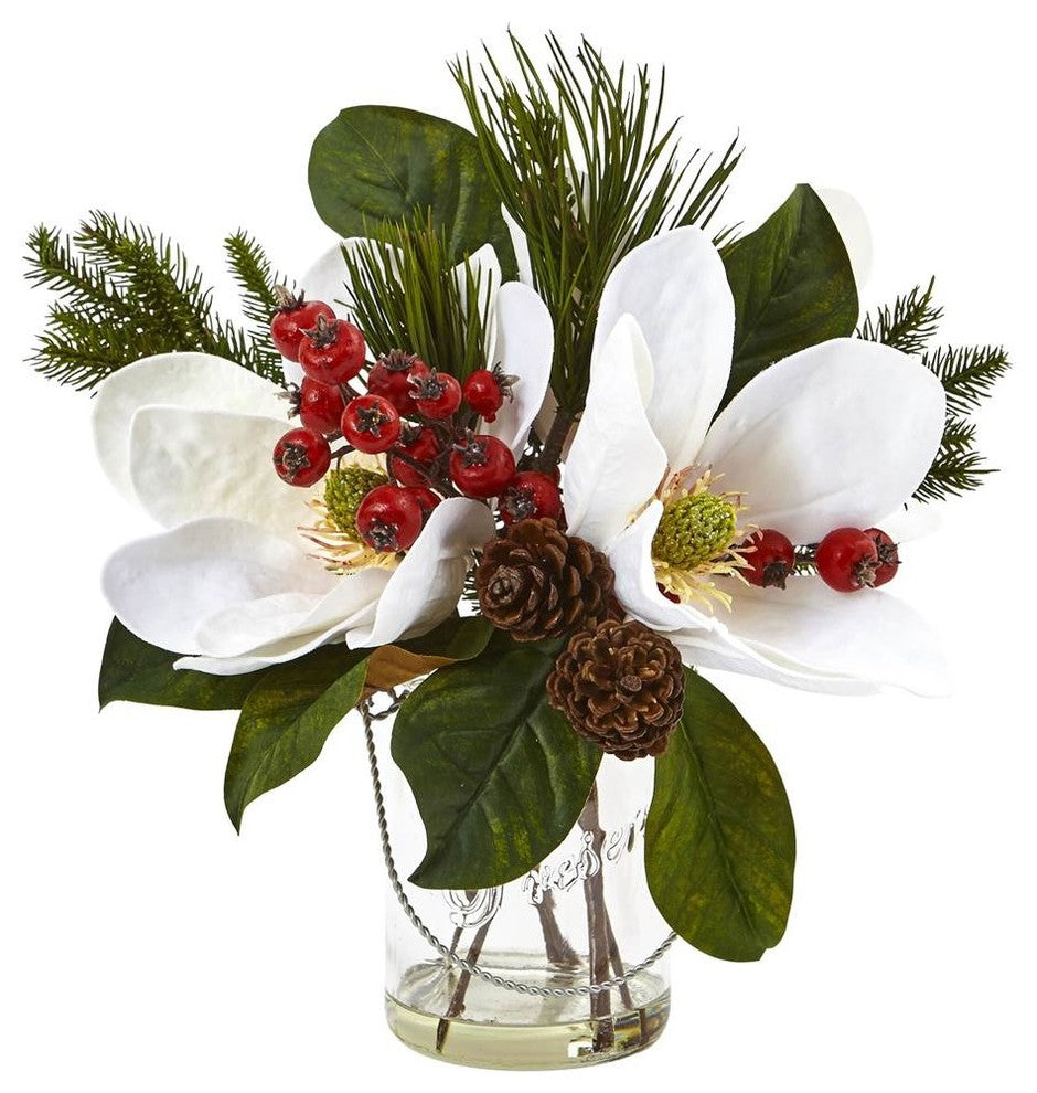 Magnolia, Pine, and Berry Holiday Arrangement in Glass Vase