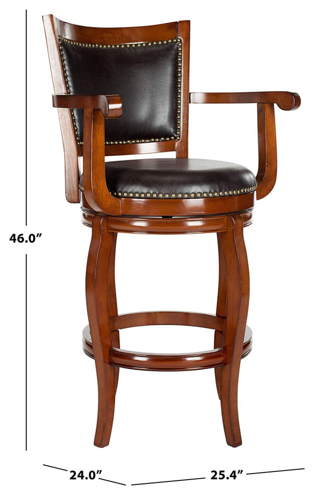 Classic Bar Stool, Curved Legs and Faux Leather Seat With Nailhead, Brown/Walnut