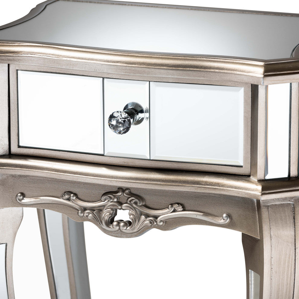 Elgin Brushed Silver Finished Wood and Mirrored Glass 1-Drawer Nightstand