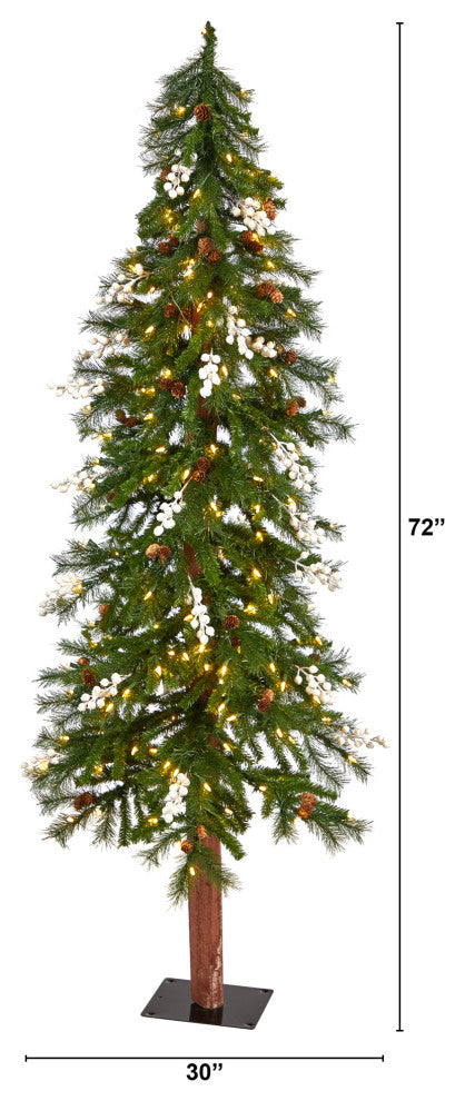 6' Alpine Faux Xmas Tree With Pinecones, Berries and 200 White Warm LED Lights