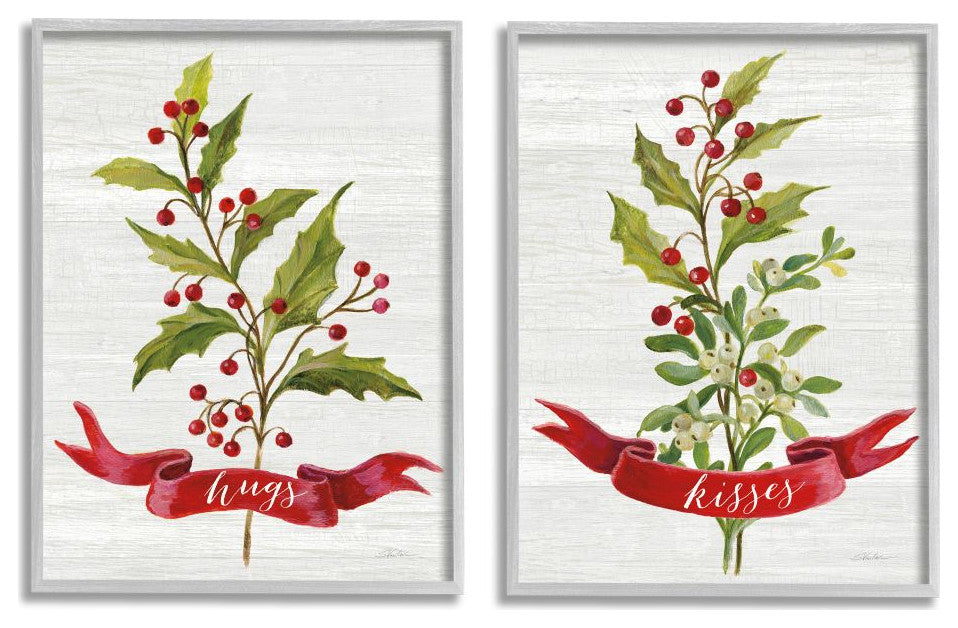 Hugs and Kisses Christmas Holly Branch Winter Seasonal,2pc, each 11 x 14