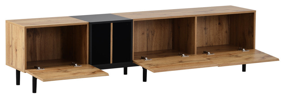 TATEUS 80" TV Stand With Large Storage Cabinet, Combining Style, Natural Wood