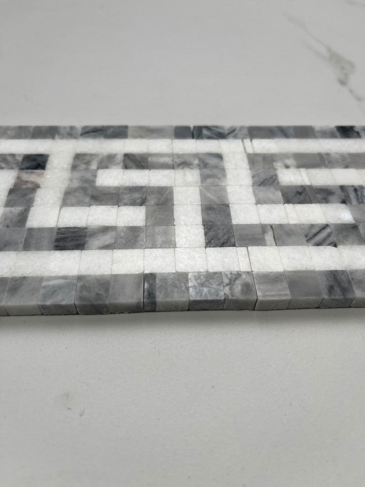 Greek Key Thassos White Bardiglio Gray Marble Mosaic Border Tile, 1 piece