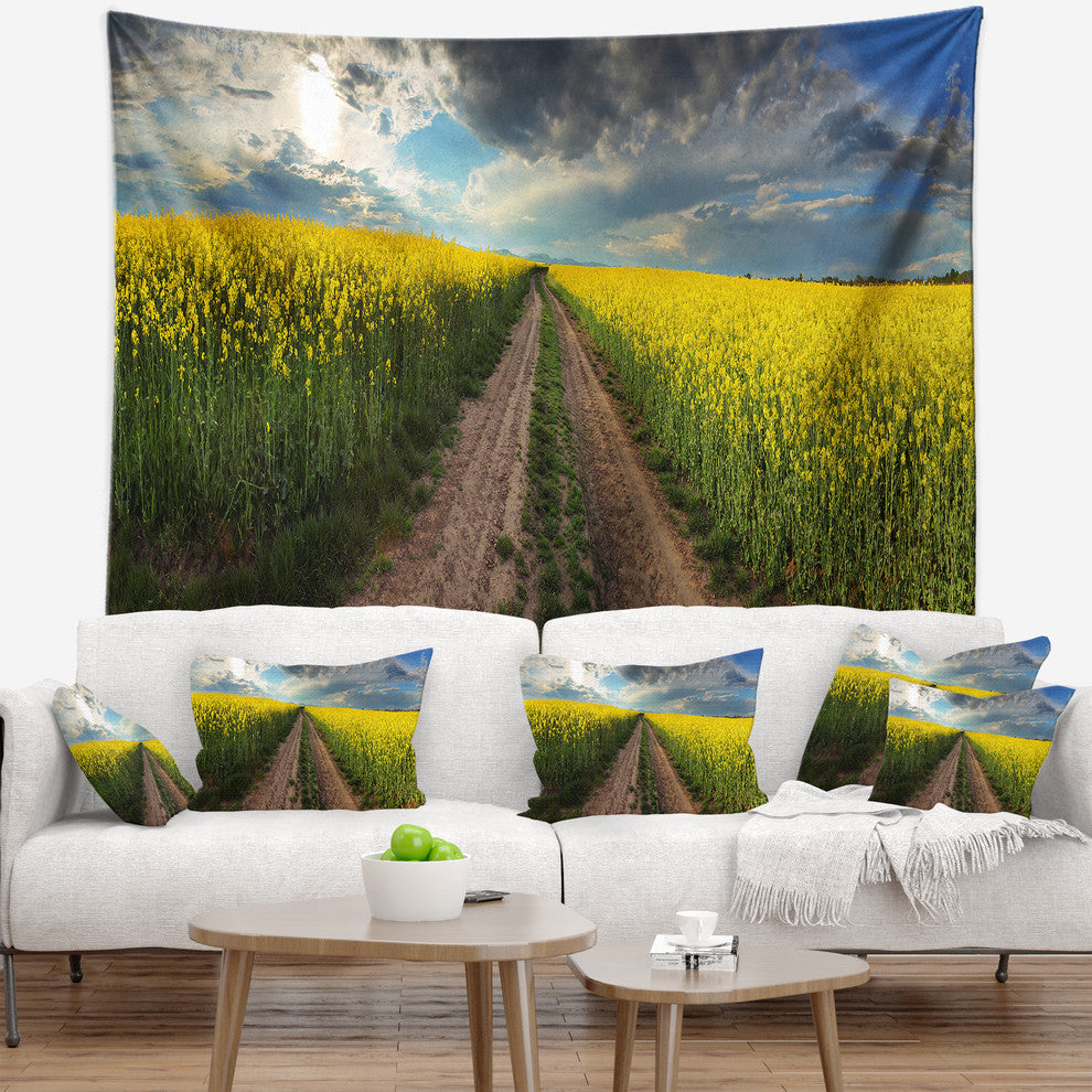 Sunset over Canola Panorama Landscape Wall Tapestry, 60"x50"