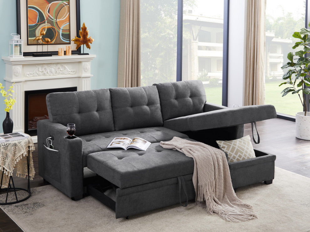 Mabel Fabric Sleeper Sectional With Cupholder, USB and Pocket, Dark Gray, Woven