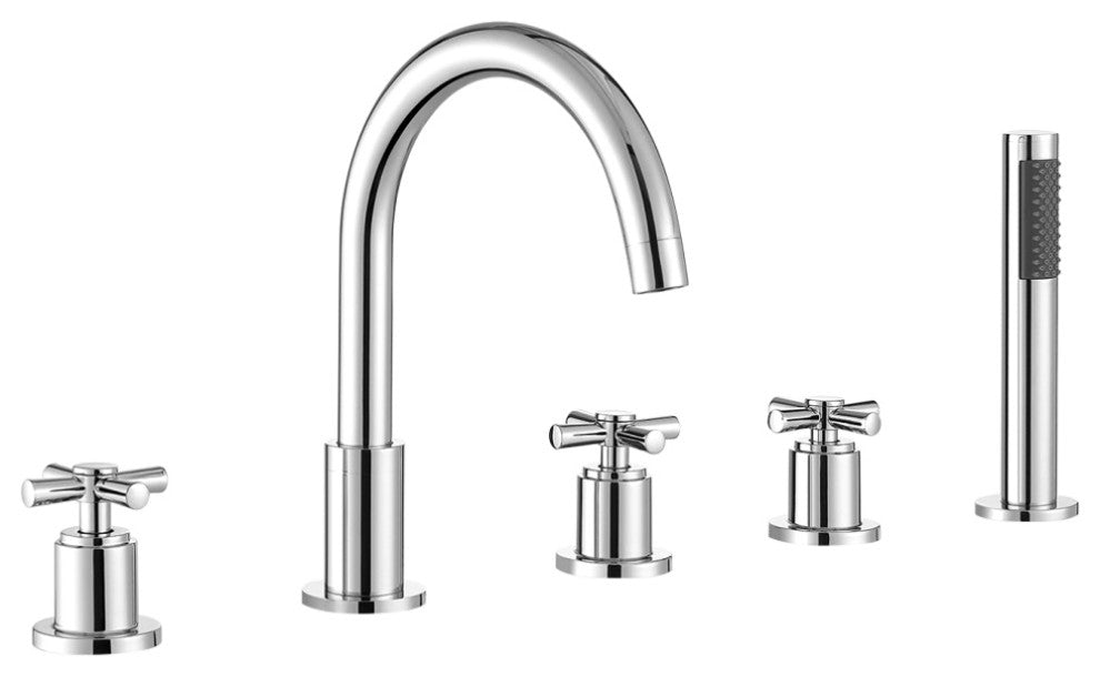 Sorlia Cross Handles Deck-Mount Roman Tub Faucet With Handshower, Polished Chome
