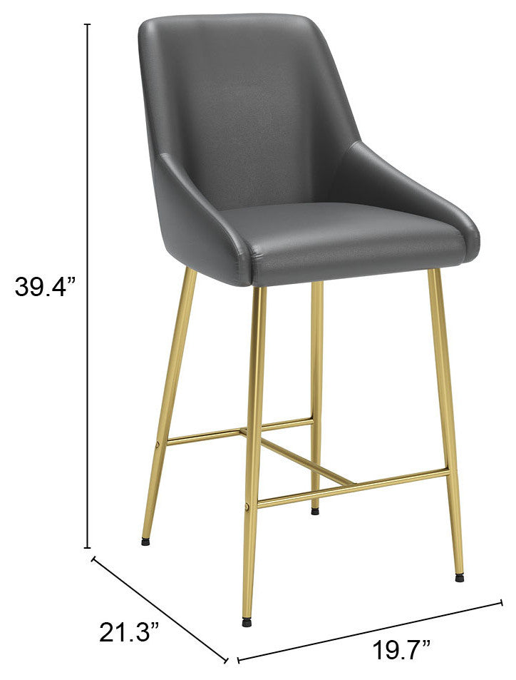 Counter Stool Chair, Faux Vinyl Leather, Steel, Gray, Gold, Cafe Bistro