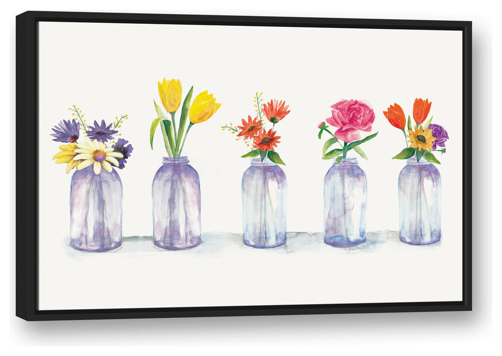 Painted Flowers in Glass Jars Print 24x36 Black Floating Framed Canvas