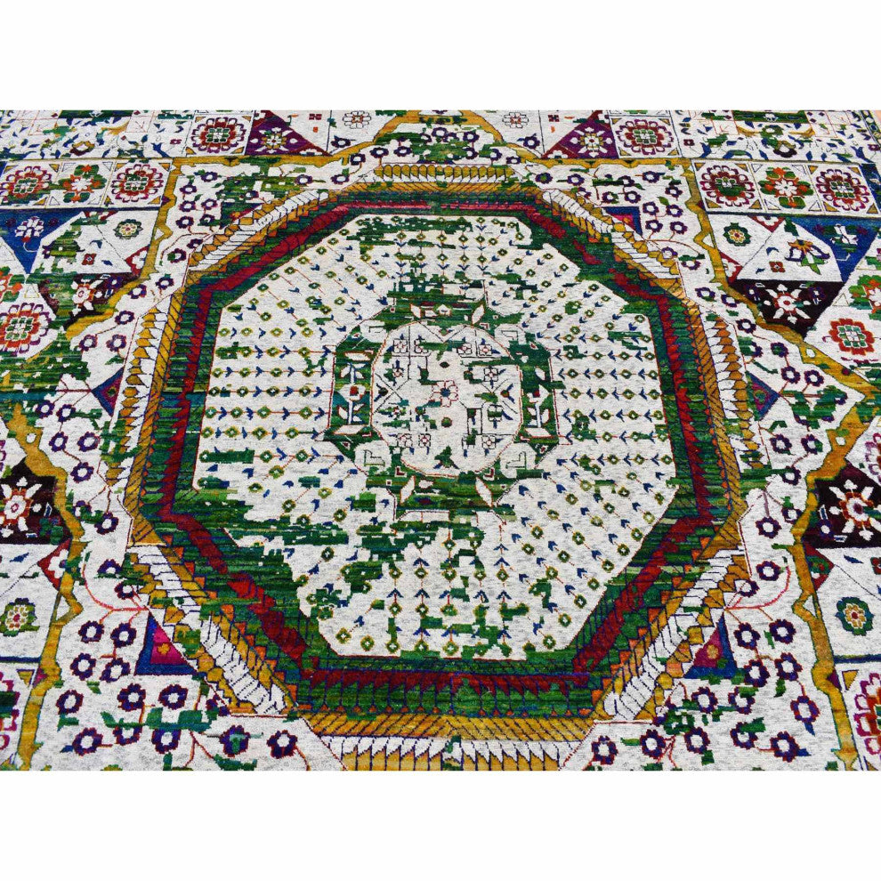 Ivory Sari Silk Colorful Mamluk Design Hand Knotted Oriental Rug 9'x12'1"
