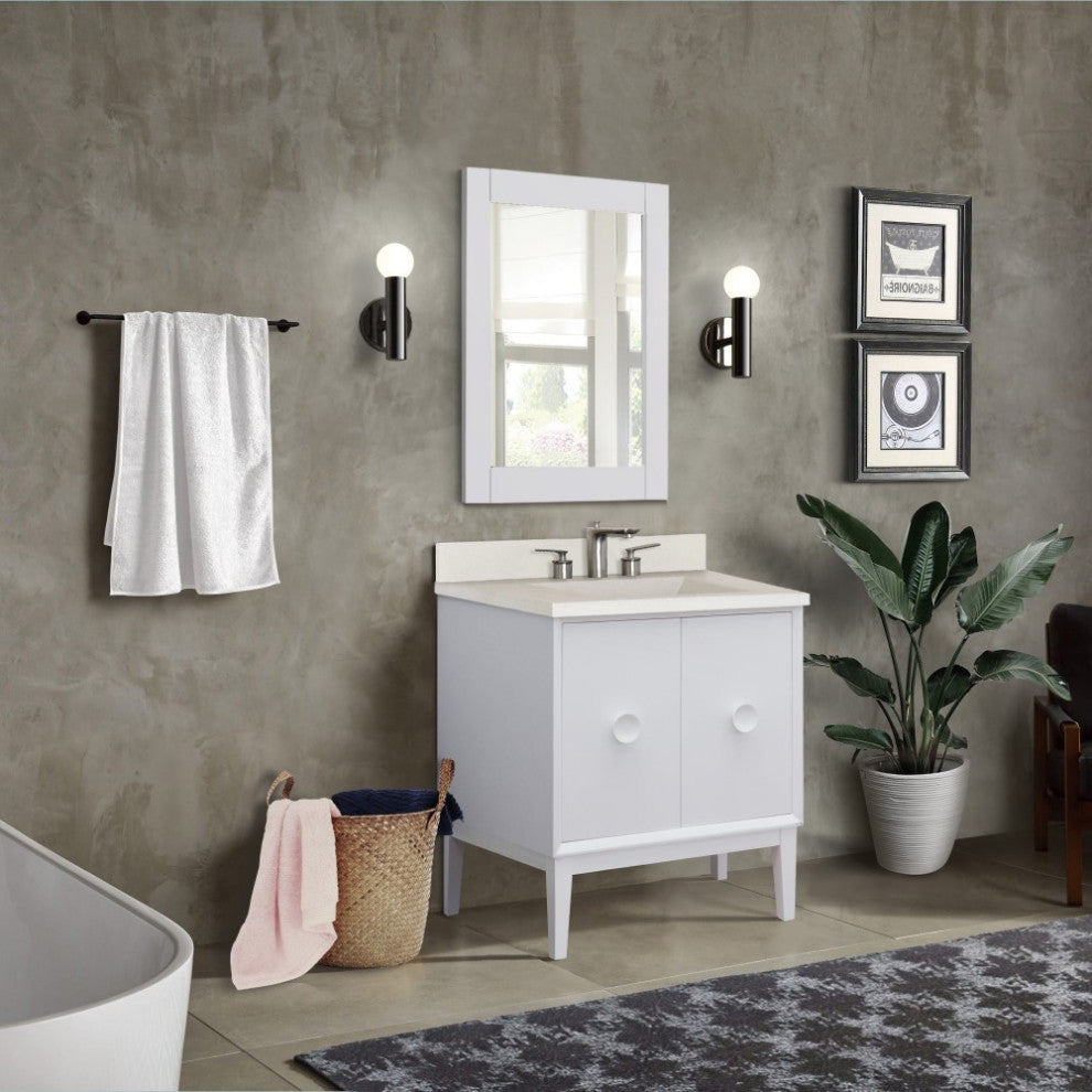 31" Single Vanity, White Finish With White Concrete Top And Rectangle Sink