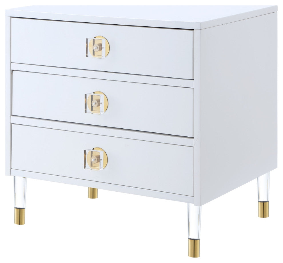 Nicole Miller Barney Nightstand High Gloss Acrylic Knob and Legs, White