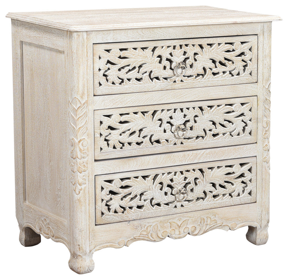 Delaney 3 Drawer Carved Nightstand, Distressed Off-White