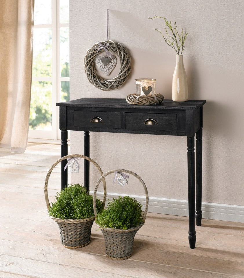 Antique-Style 2 Drawer Wood Console Table with Brass Finish Handles, Black