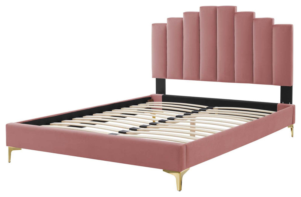 Platform Bed Frame, Full Size, Velvet, Pink, Modern Contemporary, Bedroom Master