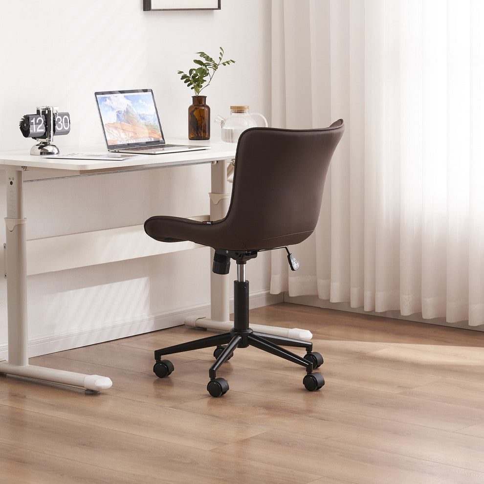 Younike Armless Upholstered Faux Leather Rolling Office Chair, Brown