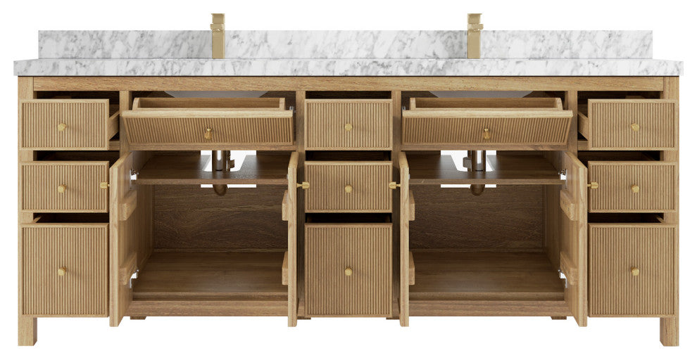 Sonoma 84 Double Sink Bath Vanity in Light Natural Teak with 2" Carrara Marble