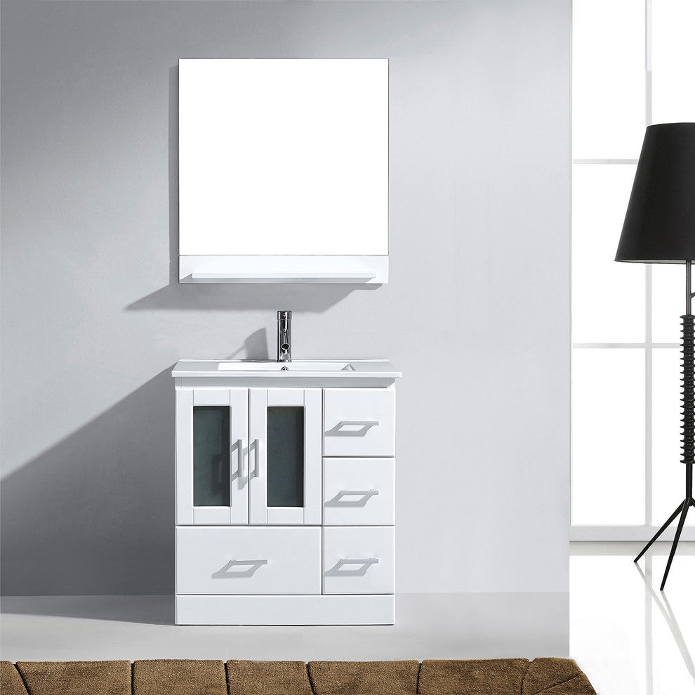 Virtu Zola Single Bathroom Vanity, White, Polished Chrome Faucet, Mirror, 31.89"