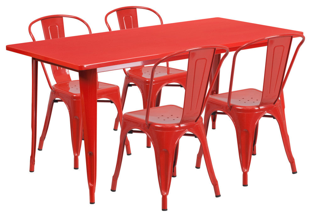 31.5''x63'' Rectangular Metal Indoor Table Set with 4 Stack Chairs, Red