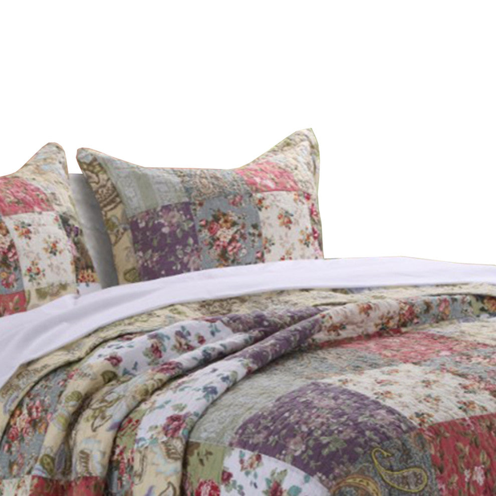 Chicago 3 Piece Fabric Queen Bedspread Set with Jacobean Prints, Multicolor