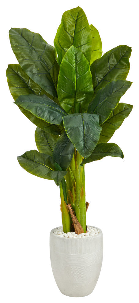 52" Triple Stalk Artificial Banana Tree, White Planter, Real Touch