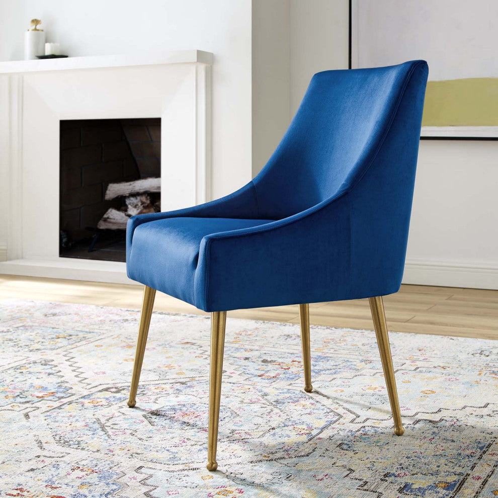 Contemporary Dining Room Side Dining Chair, Velvet Stainless Metal, Navy Blue