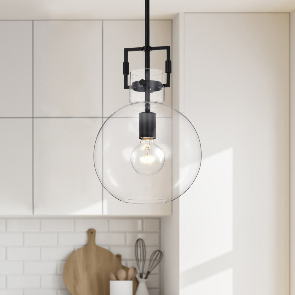 1-Light 10 in. Matte Black Pendant With Globe Shaped Clear Glass Shade