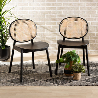 Halen Brown Woven Rattan and Black Wood Finished 2-Piece Cane Dining Chair Set
