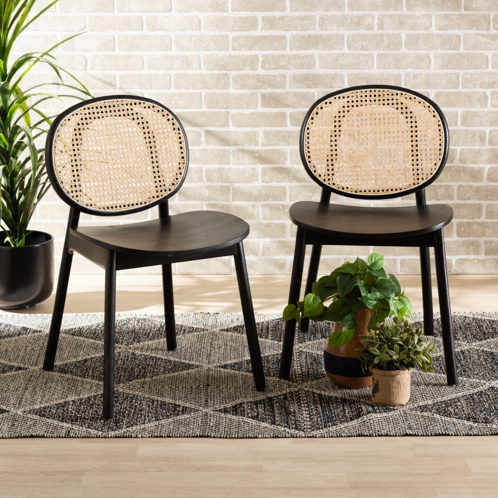 Halen Brown Woven Rattan and Black Wood Finished 2-Piece Cane Dining Chair Set