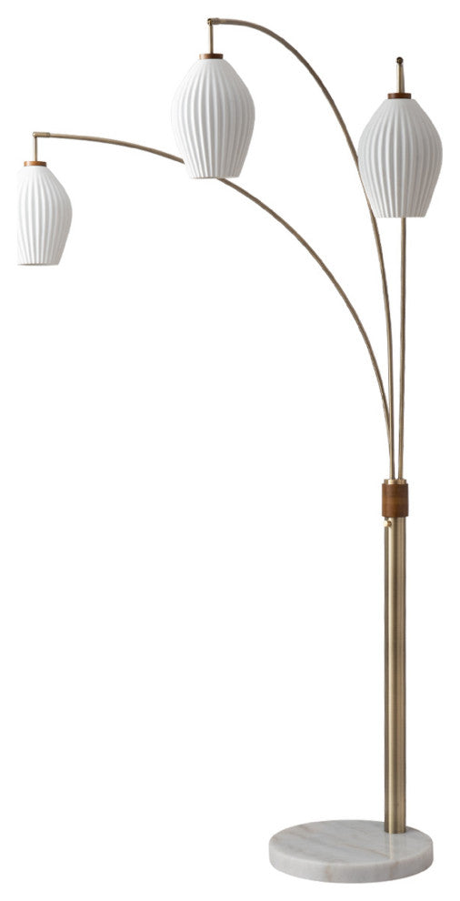 Santa Clara Bone Porcelain 3 Light Arc Floor Lamp -85", Weathered Brass & Walnut