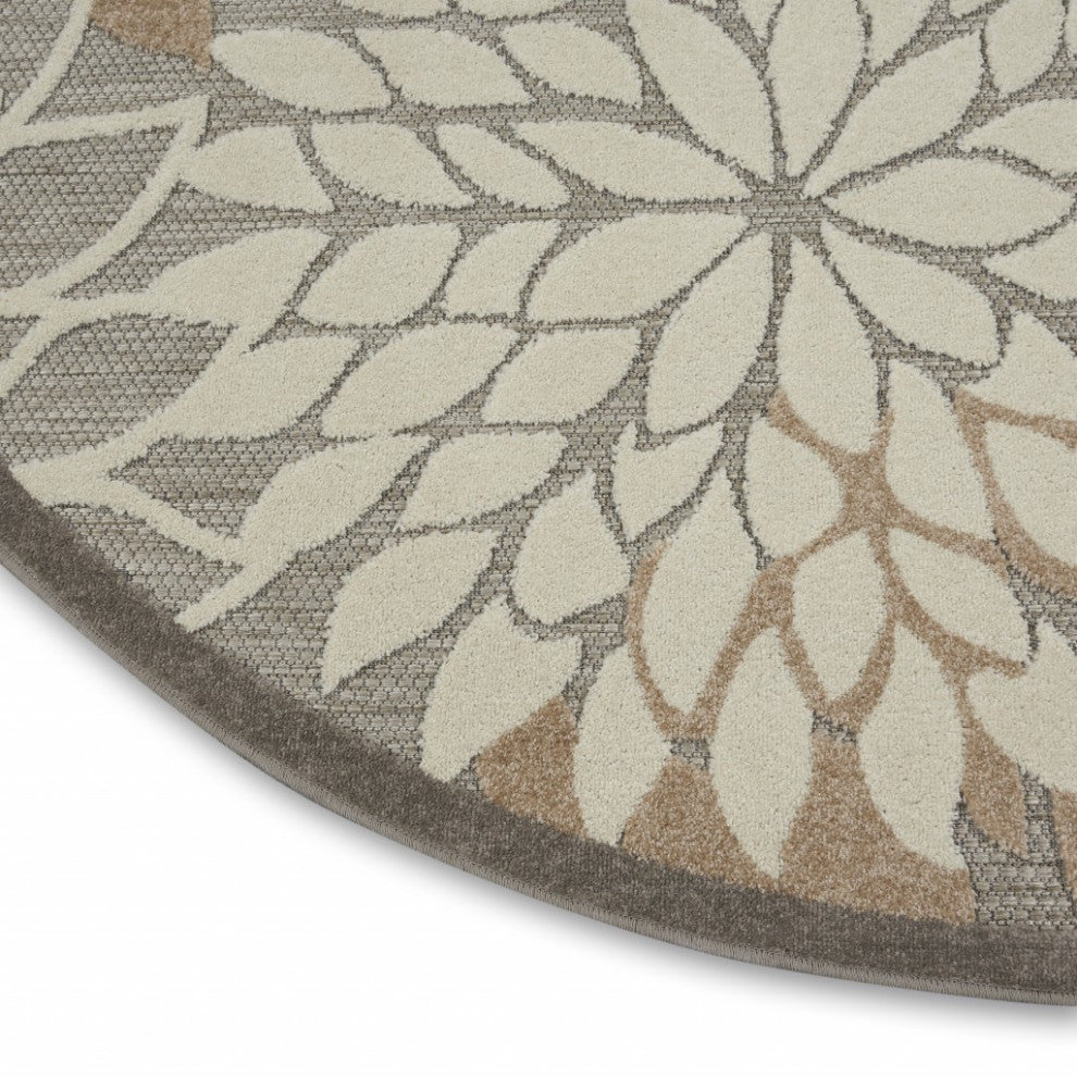 5' Round Gray And Ivory Round Floral Indoor Outdoor Area Rug