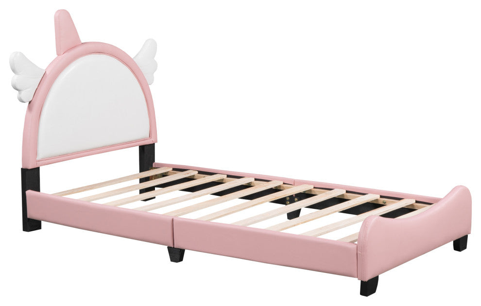 Gewnee Upholstered Twin Platform Bed With Unicorn Shape Headboard in Pink