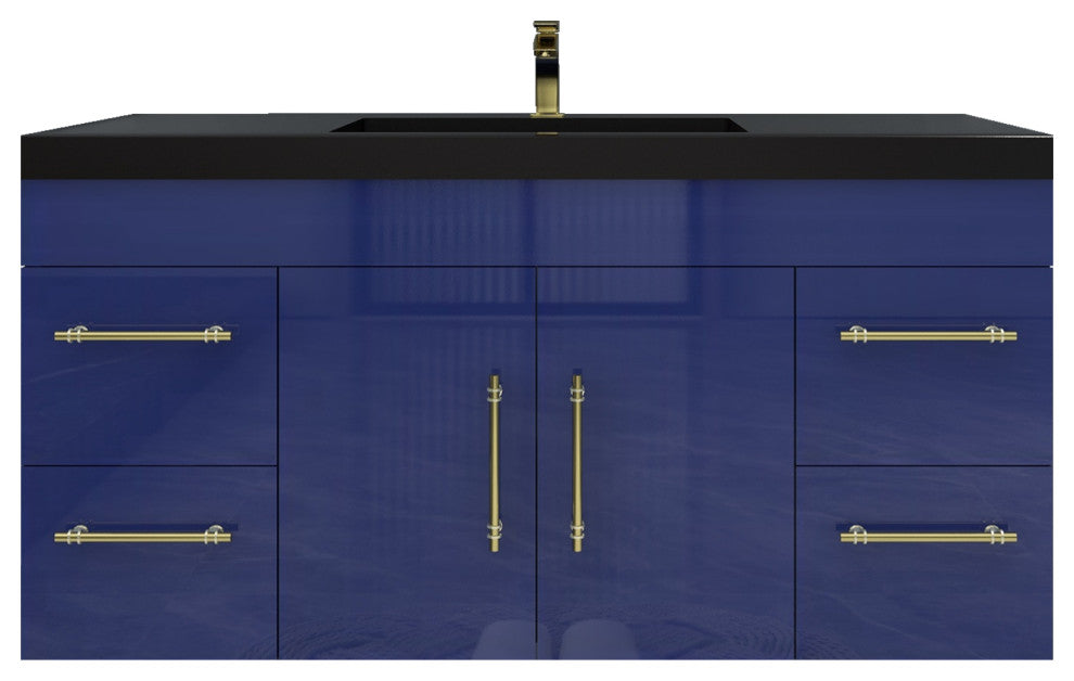 Rosa 48" Wall Mounted Modern Vanity, High Gloss Night Blue, Matt Black Top