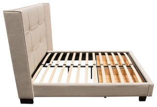 Queen Bed With Integrated Footboard Storage Unit and Accent Wings, Sand Fabric