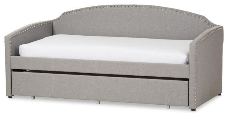 Lanny Linen Nail Heads Arched Back Sofa Twin Daybed With Trundle Bed, Gray